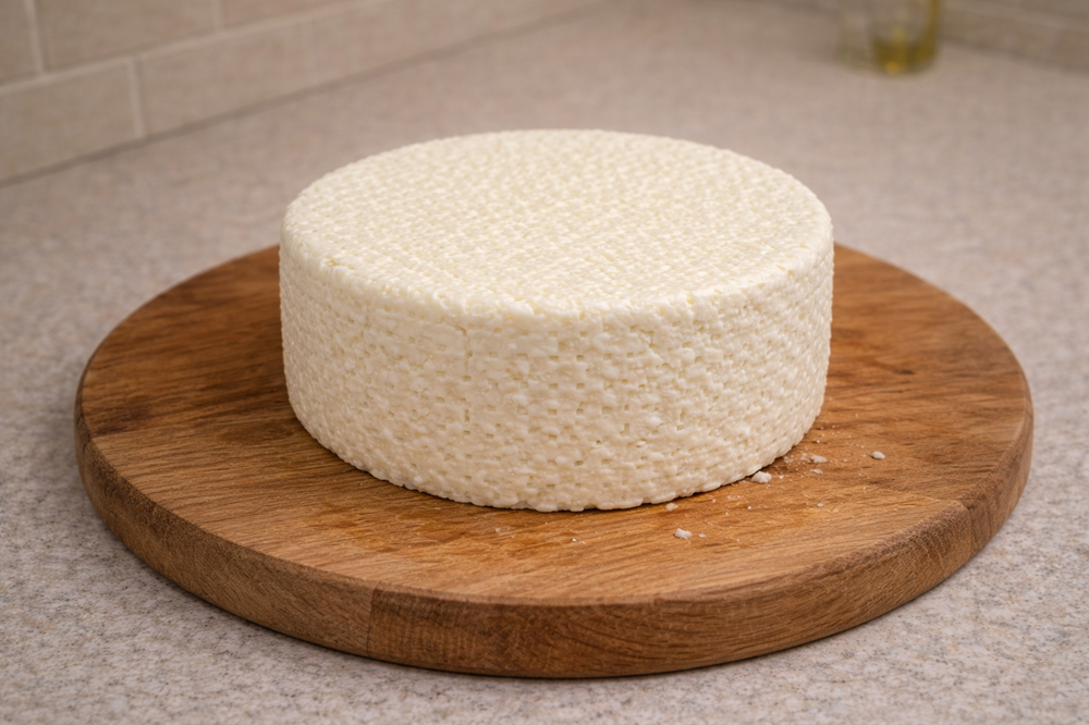 круг сыра на деревянной доске